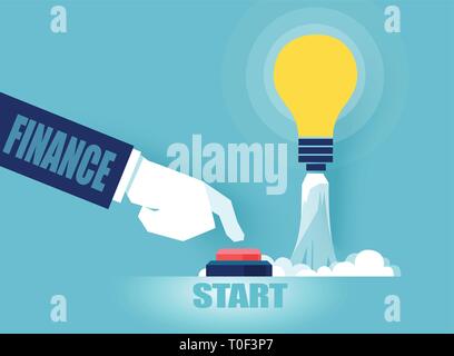 Vector of a business man investing money in bright idea pushing the start up button. Stock Vector