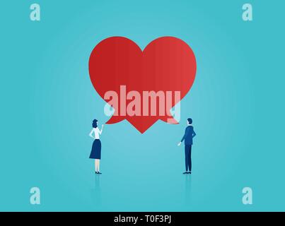 Vector of a man and woman facing each other with overlapping heart shaped as speech bubble having a romantic communication Stock Vector