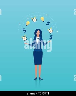 Vector of a business woman juggling dollar, alarm clock and light bulb icons. Concept of efficient time management Stock Vector