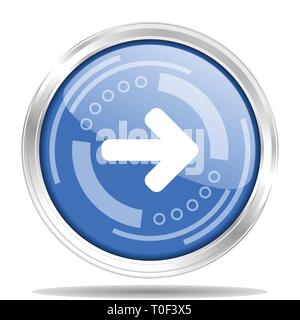 Silver metallic chrome border blue glossy next arrow icon, vector illustration Stock Vector