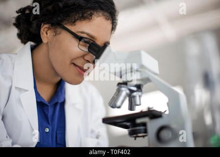 Scientist examining a sample through a microscope. Stock Photo