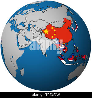 ASEAN Plus Three member countries with territories and flags on political map of Asia Stock Photo