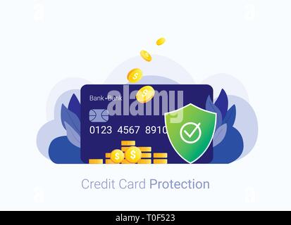 Credit card security concept. Credit card, money and shield. Payment protection system. Secure bank transaction. Trendy flat style. Vector illustratio Stock Vector