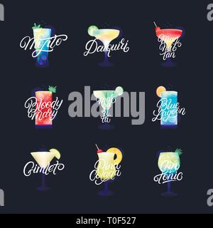 Alcohol cocktails set. Daiquiri, mojito, blue lagoon, margarita, bloody mary, manhattan, gimlet, gin and tonic, pina colada. Modern hand written lette Stock Vector