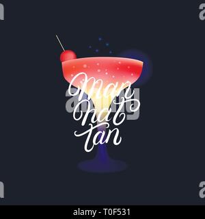 Alcohol cocktail Manhattan. Modern hand written lettering label. Dark background. Trendy flat style. Vector illustration. Stock Vector
