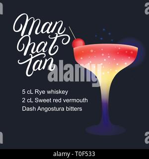 Manhattan alcohol cocktail recipe. Modern hand written lettering label. Dark background. Trendy flat style. Vector illustration. Stock Vector
