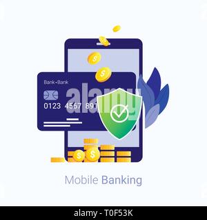 Mobile payment securit concept. Data and transactions protection. Smartphone, credit card, money and shield. Trendy flat style. Vector illustration. Stock Vector