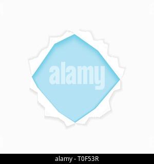 Squared ripped grey paper. Realistic paper ragged hole torn effect. Paper with ripped edge with space for text or message are on pink background. Vect Stock Vector