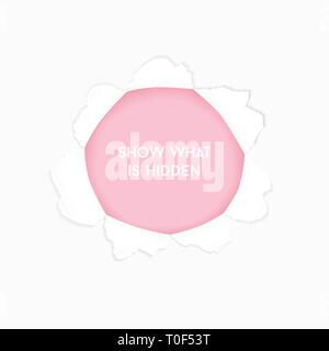 Circle ripped grey paper. Realistic paper ragged hole torn effect. Paper with ripped edge with space for text or message are on pink background. Vecto Stock Vector