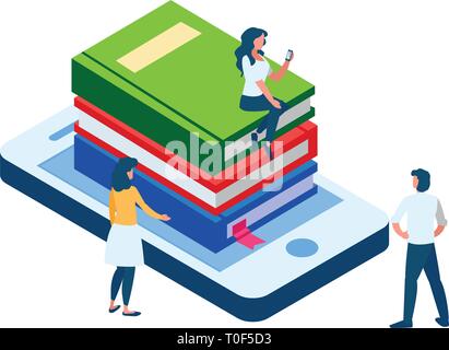 pile text books with smartphone and mini people vector illustration design Stock Vector