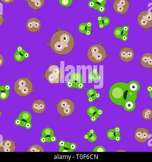 Seamless pattern of the head of an owl and a frog. Vector illustration in cartoon style on a colored background. Stock Vector