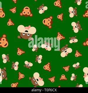 Seamless pattern of dogs and monkeys head. Vector illustration in cartoon style on a colored background. Stock Vector