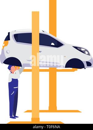 mechanic worker with car in platform vector illustration design Stock Vector