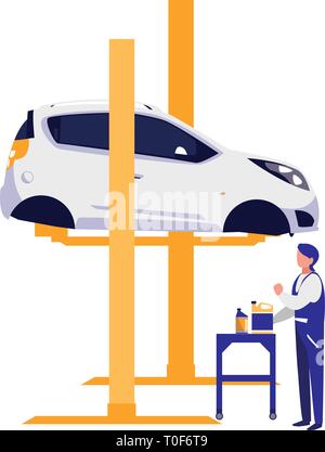 mechanic worker with car in platform vector illustration design Stock Vector