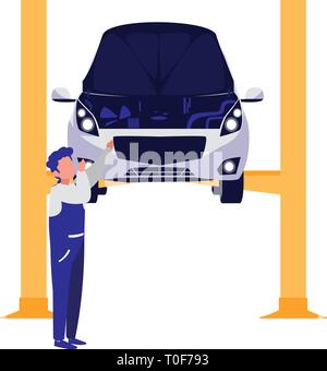 mechanic worker with car in platform vector illustration design Stock Vector