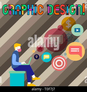Conceptual hand writing showing Graphic Design. Concept meaning Art of combining Text Images in advertising Man Sitting with Laptop and SEO Driver Ico Stock Photo