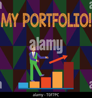 Conceptual hand writing showing My Portfolio. Concept meaning Samples of work Art drawings photography Smiling Businessman Climbing Bar Chart Followin Stock Photo