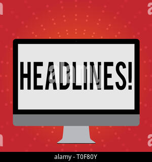 Conceptual hand writing showing Headlines. Concept meaning Heading at the top of an article in newspaper White Computer Monitor WideScreen on a Stand  Stock Photo