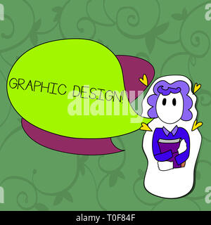Conceptual hand writing showing Graphic Design. Concept meaning Art of combining Text Images in advertising Girl Holding Book with Hearts Around her a Stock Photo