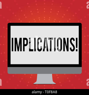 Conceptual hand writing showing Implications. Concept meaning Conclusion State of being involved Suggestion Insinuation Hint White Computer Monitor Wi Stock Photo