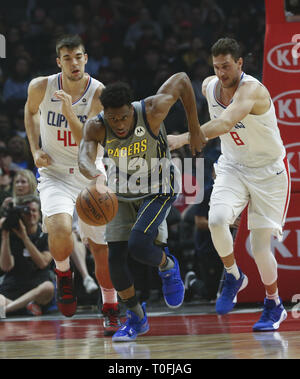 Los Angeles, California, USA. 19th Mar, 2019. Indiana Pacers' Thaddeus Young (21) drives during an NBA basketball game between Los Angeles Clippers and Indiana Pacers, Tuesday, March 19, 2019, in Los Angeles. Credit: Ringo Chiu/ZUMA Wire/Alamy Live News Stock Photo