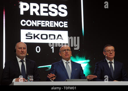 Mlada Boleslav, Czech Republic. 20th Mar, 2019. From left to right board members of Czech car maker Skoda Auto Klaus-Dieter SchÃ¼rmann, Bernhard Maier and Bohdan Wojnar during annual press conference in Mlada Boleslav, Czech Republic.Skoda Auto delivered more than 1.25 million vehicles to customers around the world in 2018. Skoda Auto operates at three locations in the Czech Republic, manufactures in China, Russia, Slovakia, Algeria and India mainly through Group partnerships, as well as in Ukraine and Kazakhstan with local partners. Credit: Slavek Ruta/ZUMA Wire/Alamy Live News Stock Photo