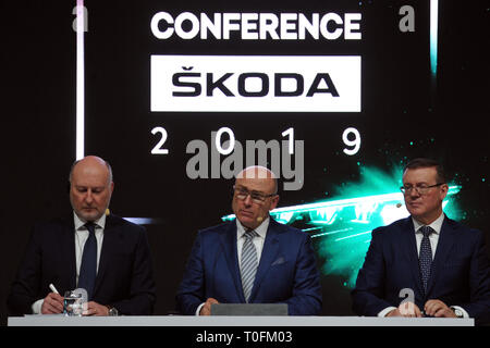 Mlada Boleslav, Czech Republic. 20th Mar, 2019. From left to right board members of Czech car maker Skoda Auto Klaus-Dieter SchÃ¼rmann, Bernhard Maier and Bohdan Wojnar during annual press conference in Mlada Boleslav, Czech Republic.Skoda Auto delivered more than 1.25 million vehicles to customers around the world in 2018. Skoda Auto operates at three locations in the Czech Republic, manufactures in China, Russia, Slovakia, Algeria and India mainly through Group partnerships, as well as in Ukraine and Kazakhstan with local partners. Credit: Slavek Ruta/ZUMA Wire/Alamy Live News Stock Photo