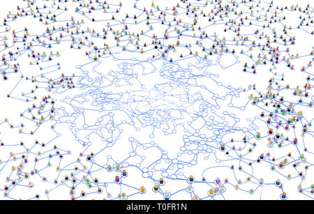 Crowd of small symbolic 3d figures linked by lines, complex layered system unoccupied area, over white, horizontal Stock Photo