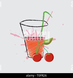 Cherry juice in a glass. Fresh cherry juice isolated on gray background. 10 eps Stock Vector