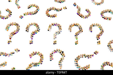 Crowd of small symbolic figures forming question shapes, 3d illustration, horizontal, isolated, over white Stock Photo