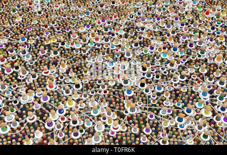 Crowd of small symbolic 3d figures linked by lines, system above others, horizontal Stock Photo