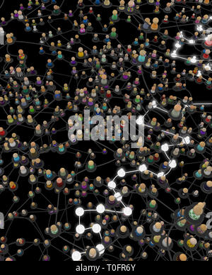 Crowd of small symbolic 3d figures linked by lines, complex layered system dark grey, few glowing, over black, vertical Stock Photo