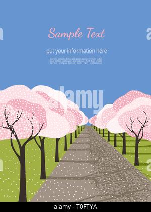 Hand drawn blooming sakura park alley Stock Vector