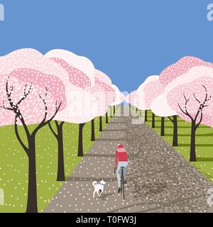 Hand drawn blooming sakura alley Stock Vector