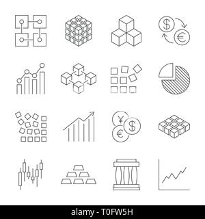 Market Trading Icons Set. Vector line icons. Contains icons such as stock exchange, trading, currency exchange, blockchain and more. Editable Stroke.  Stock Vector