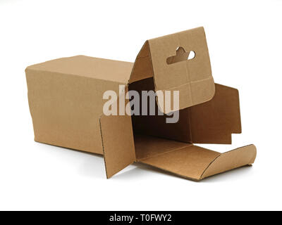 close-up of brown single carton box open empty isolated on white background Stock Photo