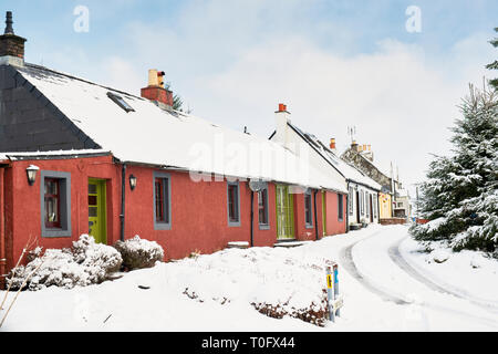 Row of scottish cottages. Leadhills village in the early morning snow. Scotlands second highest village. South Lanarkshire, Scotland Stock Photo