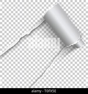 Vector torn hole of lower left corner of transparent sheet with paper curl and white background of the resulting window. Stock Vector