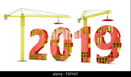 Two tower cranes building a volumetric figure of 2019. 3d render. Stock Photo