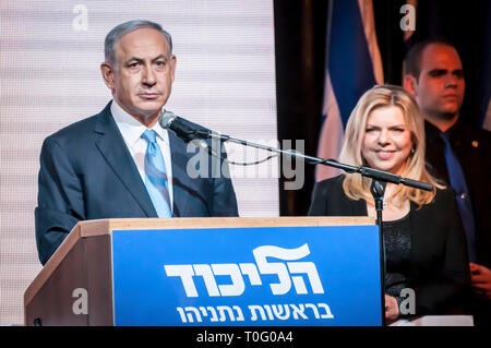 TEL AVIV, ISRAEL. March 17, 2015. Prime Minister of Israel Benjamin Netanyahu with his spouse Sara Netanyahu by him speaking at the Likud party event Stock Photo