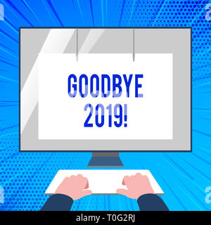 Handwriting text writing Goodbye 2019. Conceptual photo express good wishes when parting or at the end of last year Hands on Mockup Keyboard Front of  Stock Photo