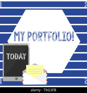 Text sign showing My Portfolio. Business photo showcasing Samples of work Art drawings photography Open Envelope with Paper and Blank Tablet Screen on Stock Photo