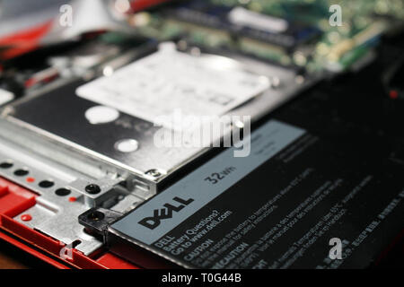 Closeup view at Dell laptop motherboard and components. The Battery. Stock Photo