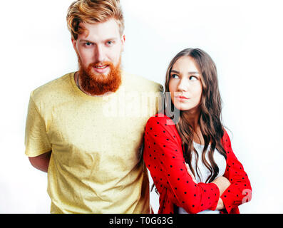 young tender couple, man and woman in love isolated on white, fooling around real modern hipster marriage, lifestyle people concept close up Stock Photo