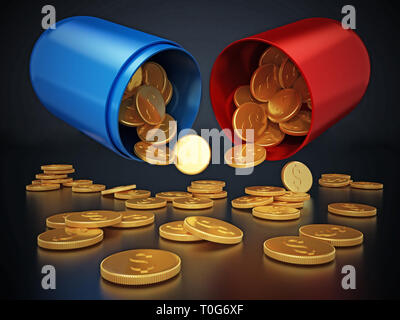 Gold coins inside open red and blue pill. 3D illustration. Stock Photo