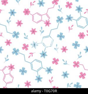 Serotonin and dopamine molecules and flowers seamless pattern Stock Vector