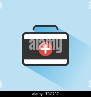 Medicine briefcase color icon with shadow on a blue background. Vector illustration Stock Vector