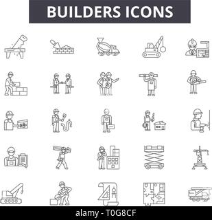 Builders line icons for web and mobile design. Editable stroke signs. Builders  outline concept illustrations Stock Vector