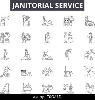 Janitorial service line icons for web and mobile design. Editable stroke signs. Janitorial service  outline concept illustrations Stock Vector