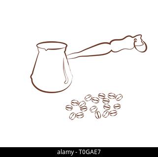 Simple illustration of a traditional coffee pot and coffee beans. Brown cezve silhouette isolated on white background. Contour emblem. Vector card for Stock Vector